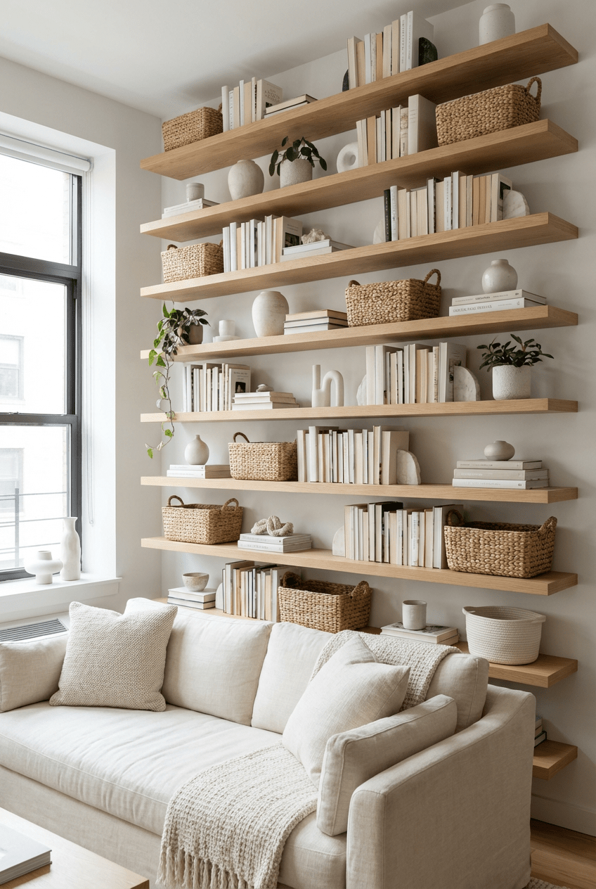 small apartment wall with floating shelves used for vertical storage