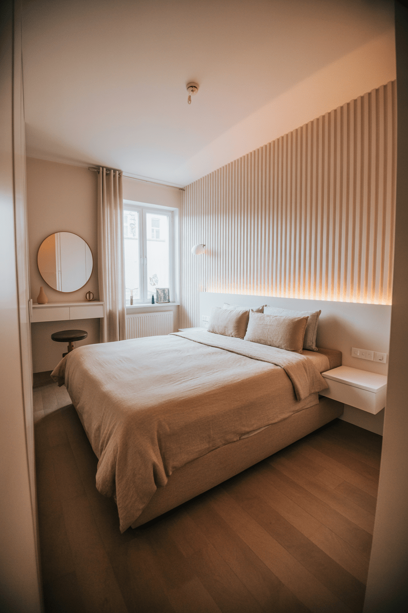tiny bedroom with vertical striped accent wall in beige tones creating a taller and more spacious look