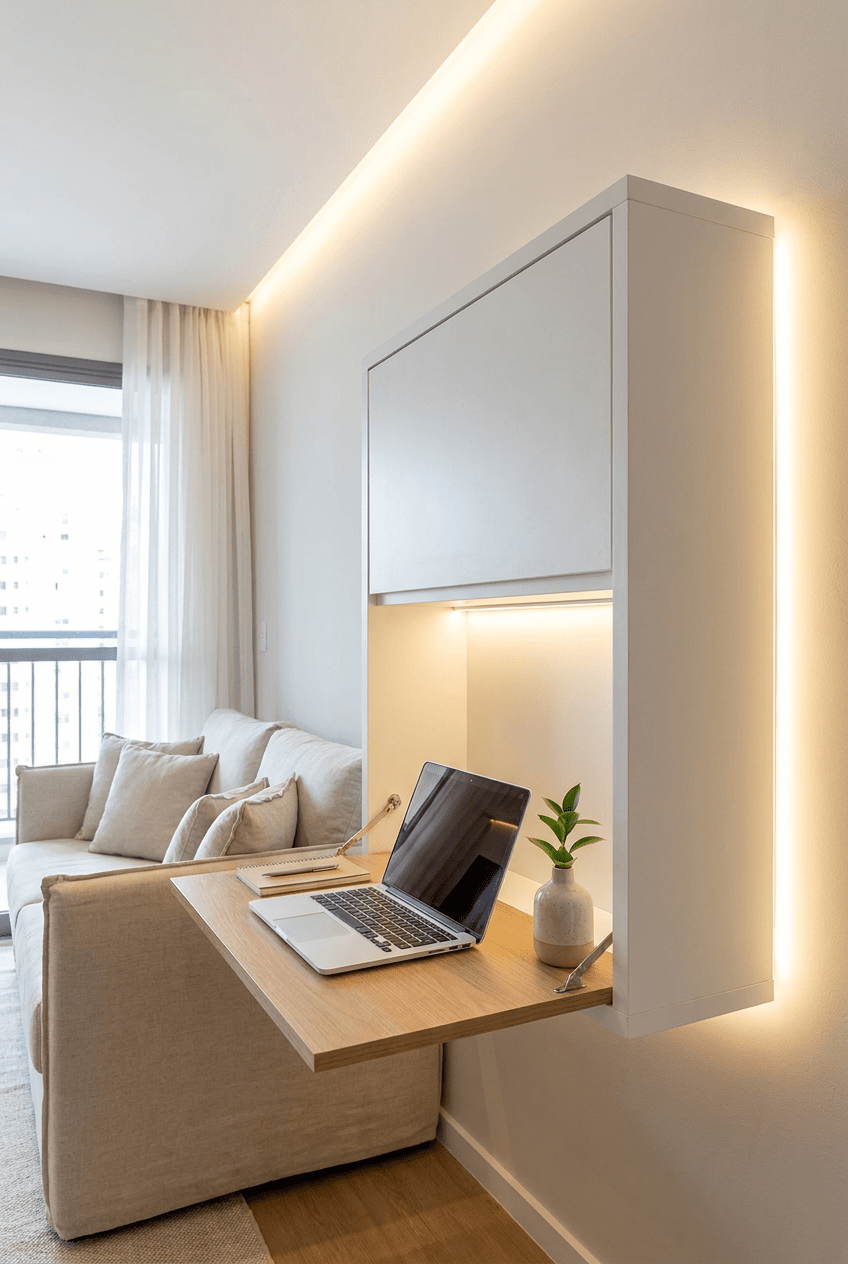 wall mounted fold down desk in small apartment with minimal decor